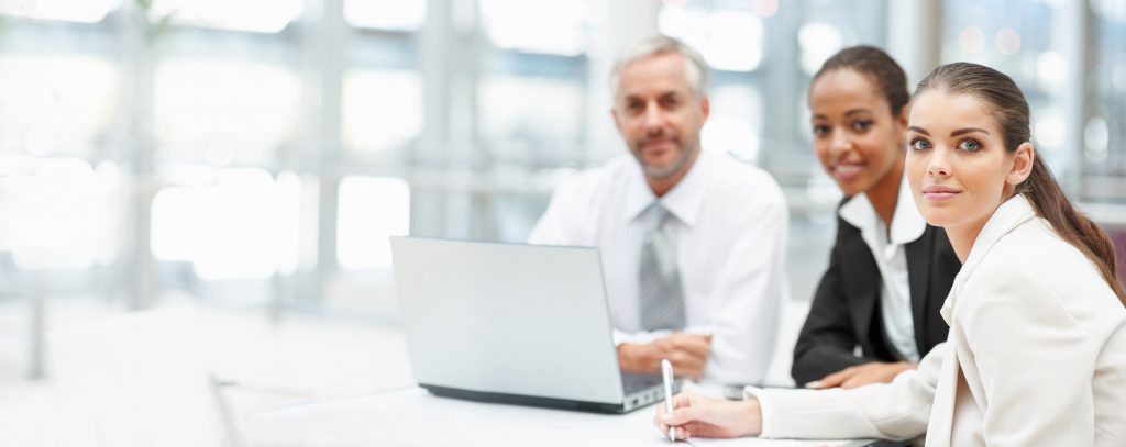 Business colleagues sitting at a table with laptop